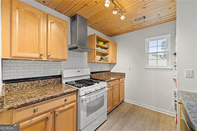 kitchen with wall chimney range hood, white gas stove, wooden ceiling, and decorative backsplash