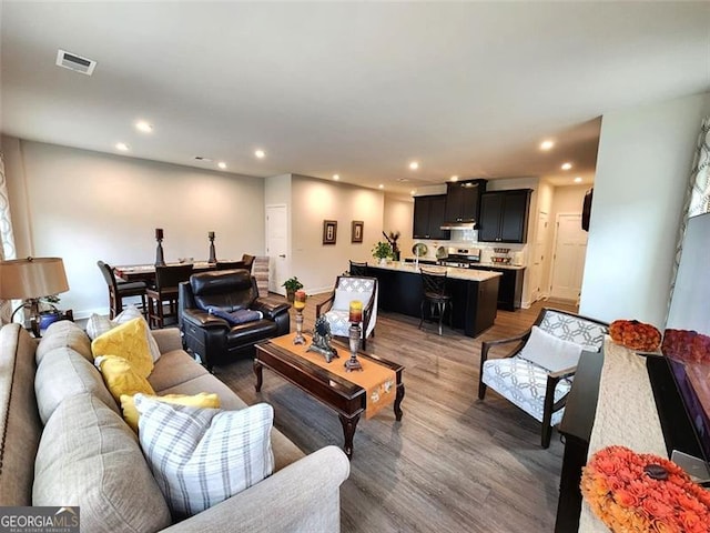 living room with dark wood-type flooring