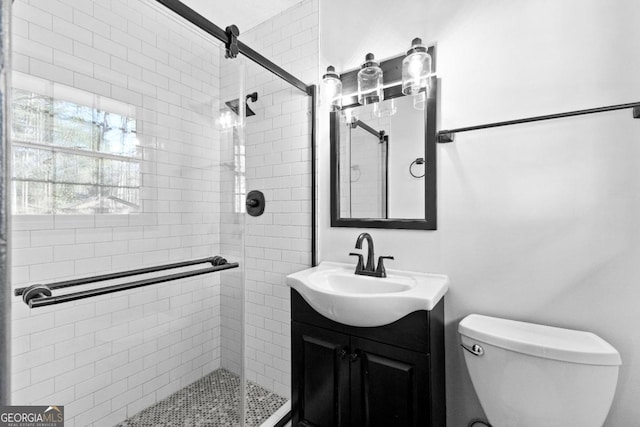 bathroom with vanity, a stall shower, and toilet