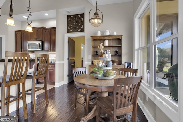 dining space with dark wood-type flooring