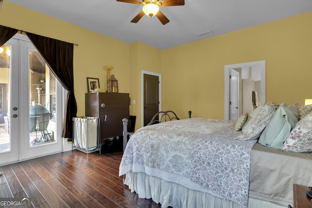 bedroom featuring ceiling fan, access to exterior, dark hardwood / wood-style flooring, and french doors