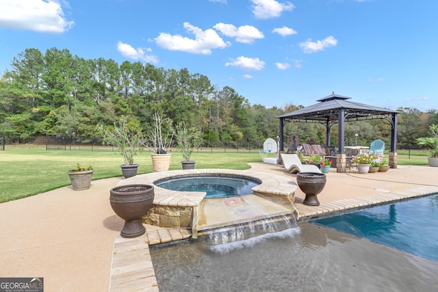 view of pool with a gazebo, a patio area, a shed, and a lawn