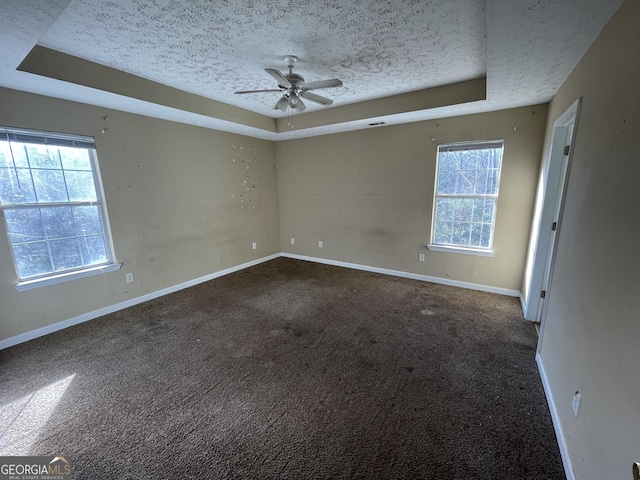 carpeted spare room featuring plenty of natural light, a textured ceiling, and a tray ceiling