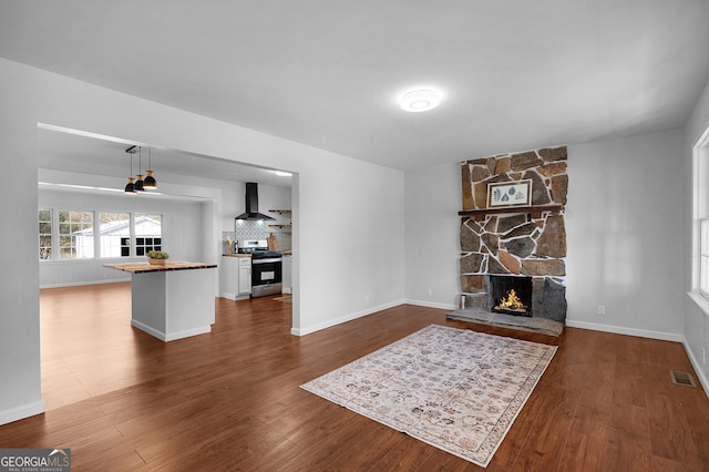 living room featuring a stone fireplace and wood-type flooring