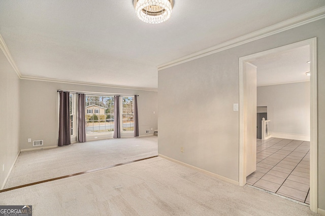 empty room with light carpet and ornamental molding