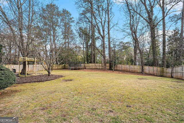 view of yard with a trampoline and a playground