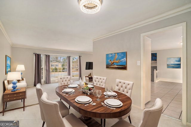 carpeted dining room featuring crown molding