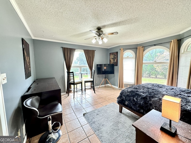 tiled bedroom with ceiling fan, crown molding, and a textured ceiling
