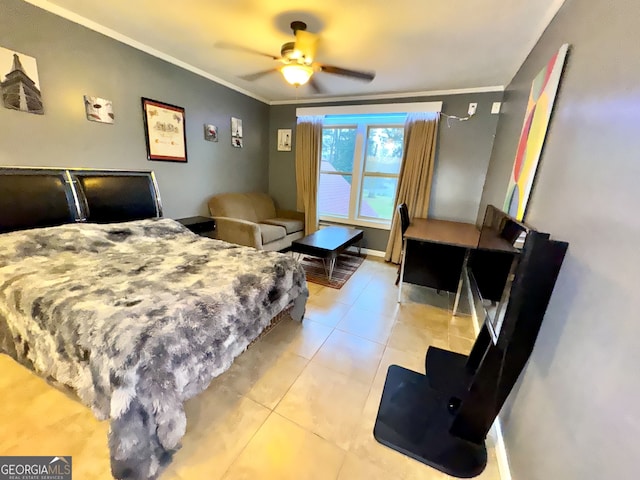 bedroom featuring ornamental molding, light tile patterned floors, and ceiling fan