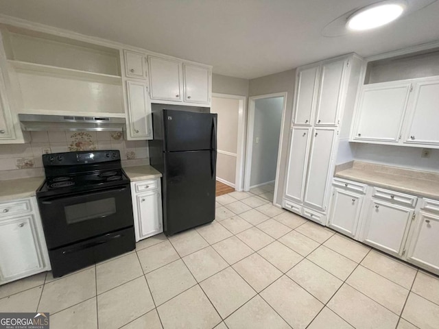 kitchen with black appliances, under cabinet range hood, white cabinetry, and light countertops