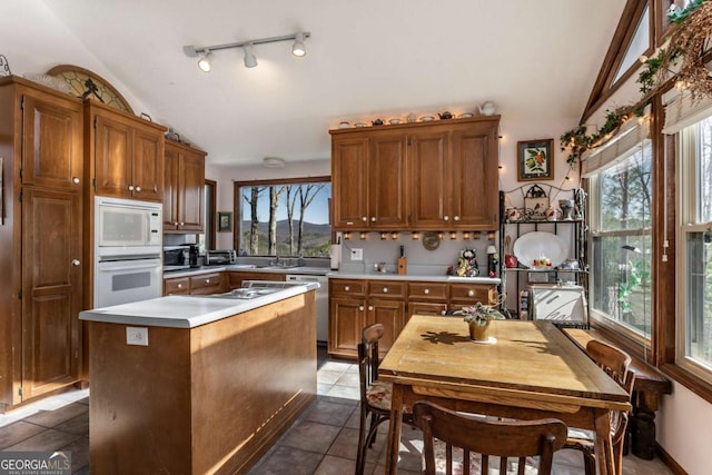 kitchen with white appliances, lofted ceiling, and plenty of natural light