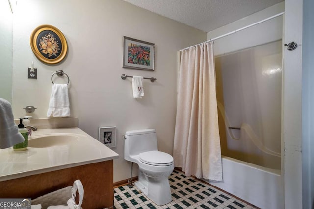 full bathroom with shower / bathtub combination with curtain, vanity, toilet, and a textured ceiling