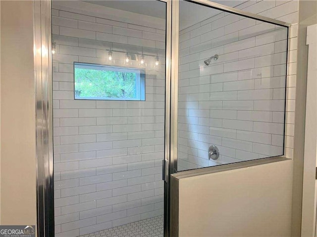 bathroom featuring a shower with shower door