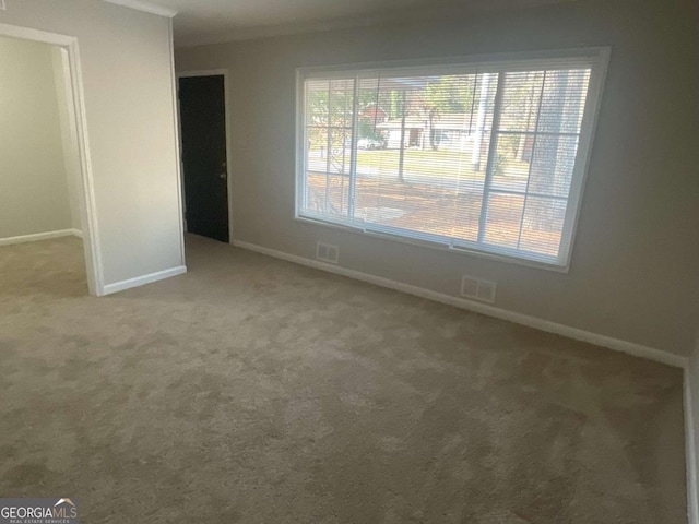 carpeted spare room featuring crown molding