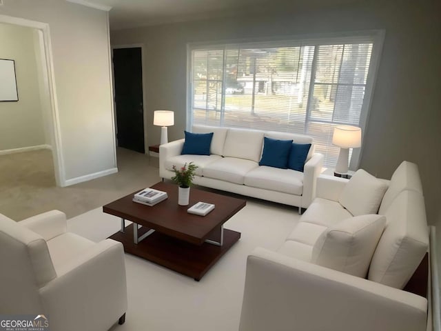 living room featuring light colored carpet