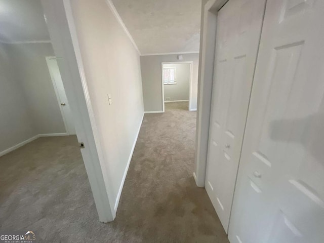 hall with crown molding and dark carpet