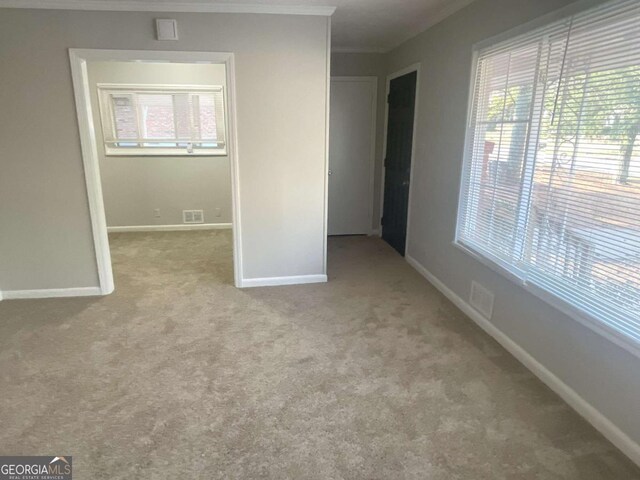 carpeted spare room featuring ornamental molding