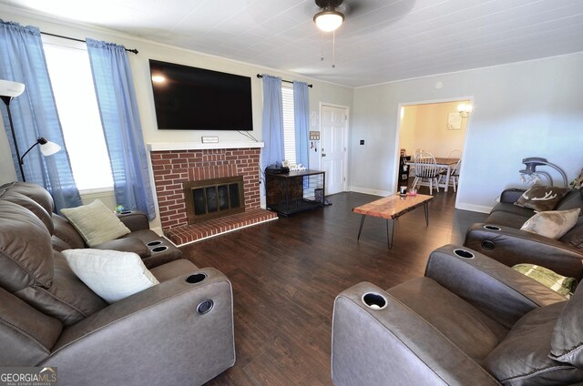 living room featuring dark wood-type flooring and a fireplace