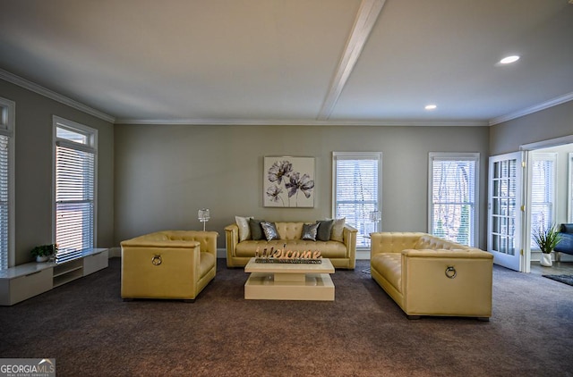 living room featuring crown molding, a wealth of natural light, and dark carpet