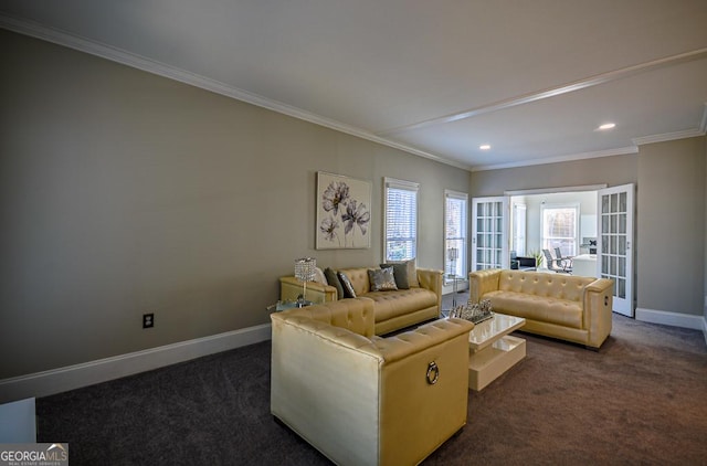 living room with crown molding and dark colored carpet