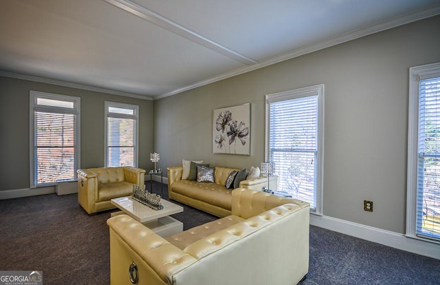 living room featuring crown molding, a healthy amount of sunlight, and dark carpet