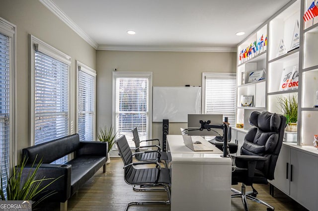 office space with crown molding and dark wood-type flooring