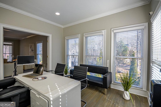 home office featuring crown molding and hardwood / wood-style flooring