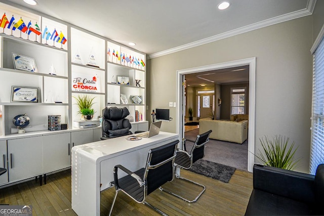 office featuring crown molding and dark wood-type flooring