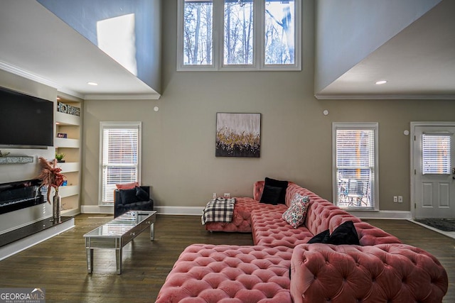 living room with a premium fireplace, ornamental molding, dark hardwood / wood-style floors, and a high ceiling