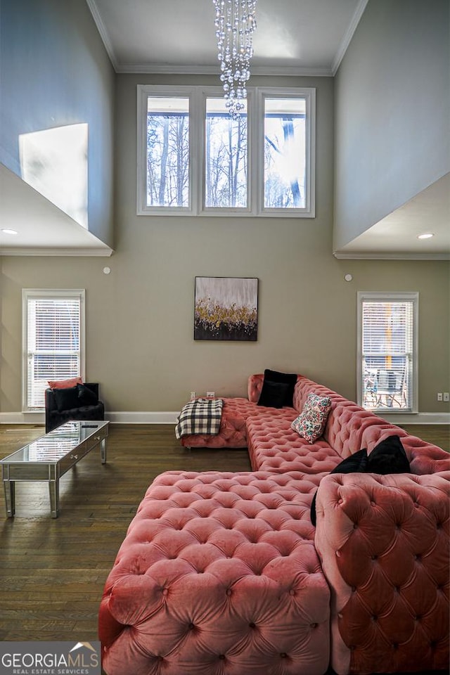 living room with crown molding, dark hardwood / wood-style floors, and a high ceiling