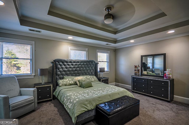 carpeted bedroom featuring a raised ceiling and ornamental molding