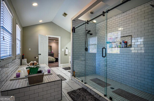 bathroom featuring toilet, lofted ceiling, and walk in shower