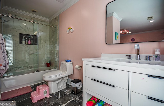 full bathroom featuring vanity, ornamental molding, shower / bath combination with glass door, and toilet