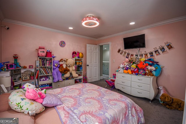 bedroom featuring crown molding and dark carpet