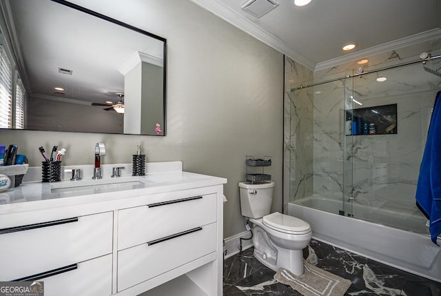 full bathroom featuring toilet, crown molding, ceiling fan, vanity, and enclosed tub / shower combo