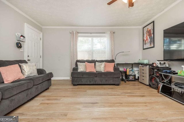 living room with crown molding, ceiling fan, light hardwood / wood-style floors, and a textured ceiling