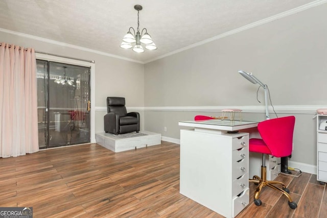 office space featuring hardwood / wood-style flooring, crown molding, and a chandelier