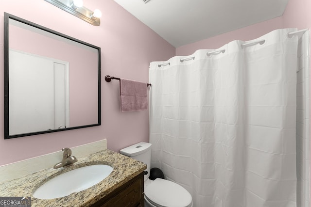 bathroom featuring vanity, walk in shower, and toilet