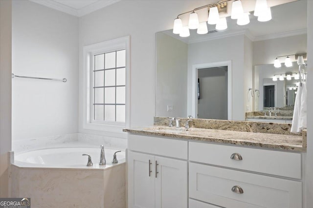 bathroom featuring vanity, a washtub, and ornamental molding