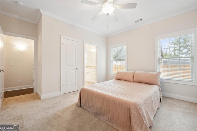 carpeted bedroom featuring multiple windows, crown molding, connected bathroom, and ceiling fan