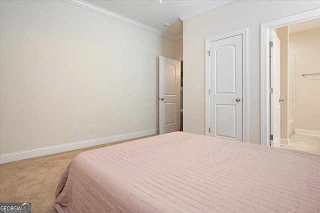 bedroom with crown molding and light carpet