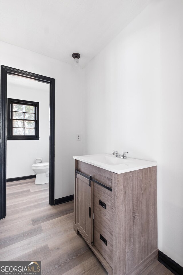 bathroom with vanity, toilet, and wood-type flooring