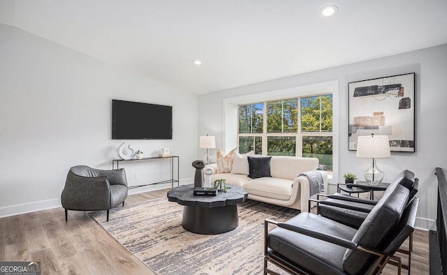 living room with lofted ceiling and hardwood / wood-style floors