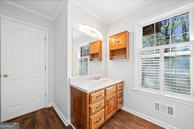 196 Beaver Lake Dr, Ellijay, GA 30540 - bathroom with visible vents, baseboards, ornamental molding, and wood finished floors
