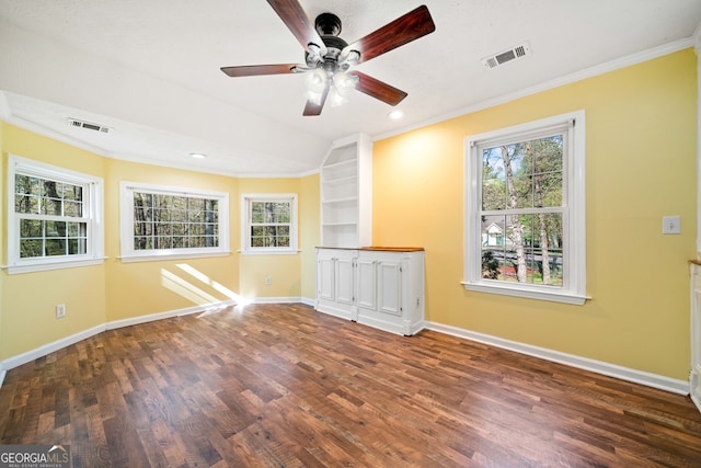 196 Beaver Lake Dr, Ellijay, GA 30540 - unfurnished room featuring ornamental molding, visible vents, a ceiling fan, and wood finished floors