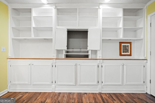 196 Beaver Lake Dr, Ellijay, GA 30540 - kitchen with dark wood-type flooring, white cabinetry, built in features, and open shelves
