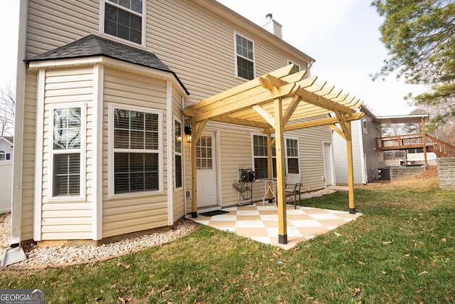 back of property featuring cooling unit, a yard, a pergola, and a patio area