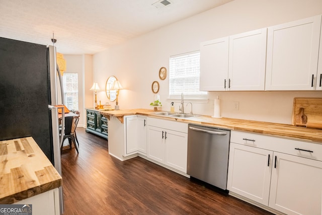 kitchen with wood counters, sink, dark hardwood / wood-style flooring, stainless steel appliances, and white cabinets