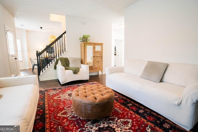 living room featuring dark wood-type flooring