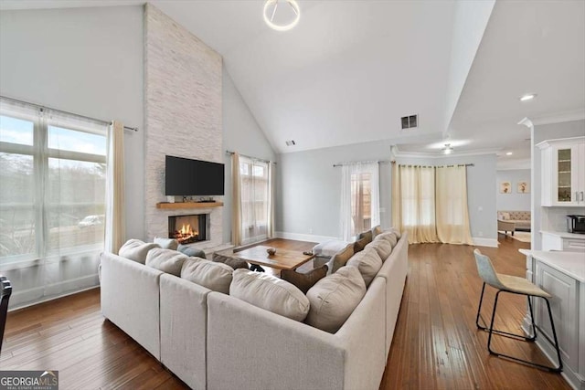 living room with a stone fireplace, high vaulted ceiling, and dark hardwood / wood-style floors